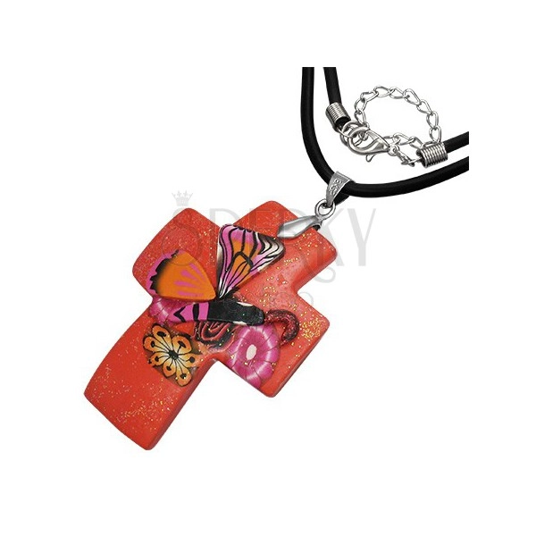 Halskette mit Fimo Kreuzanhänger in roter Farbe, Glitzer, Schmetterling
