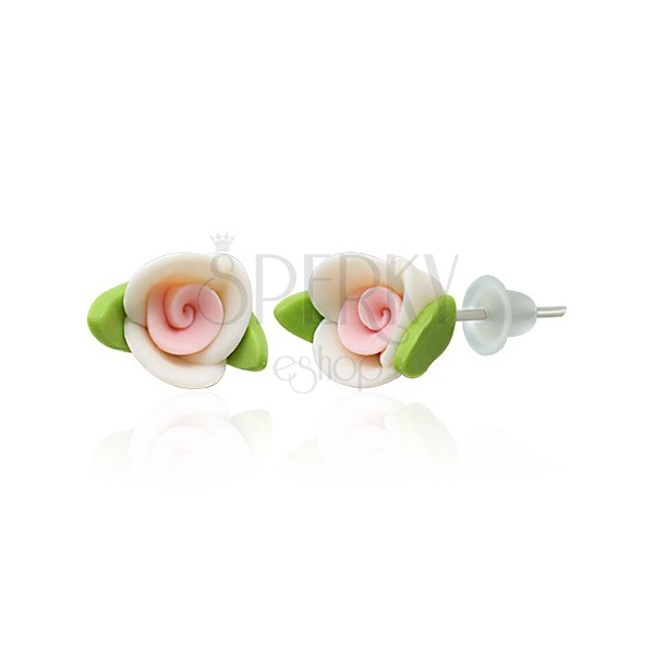 Ohrstecker aus Fimo - weiße Rose mit Blättern
