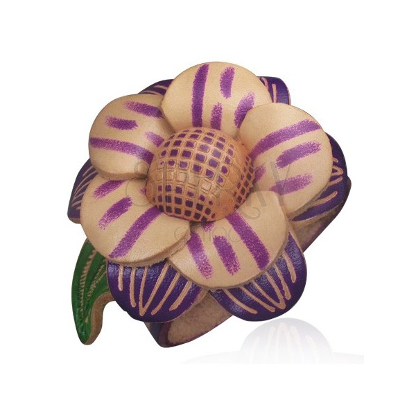Violettes Armband aus Leder mit großer Blume