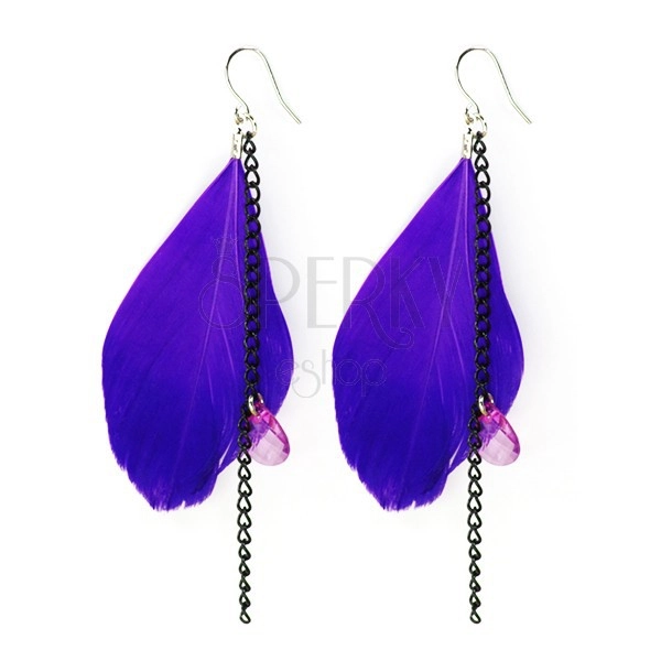 Federohrringe - violette Federn, Ketten und Perlen