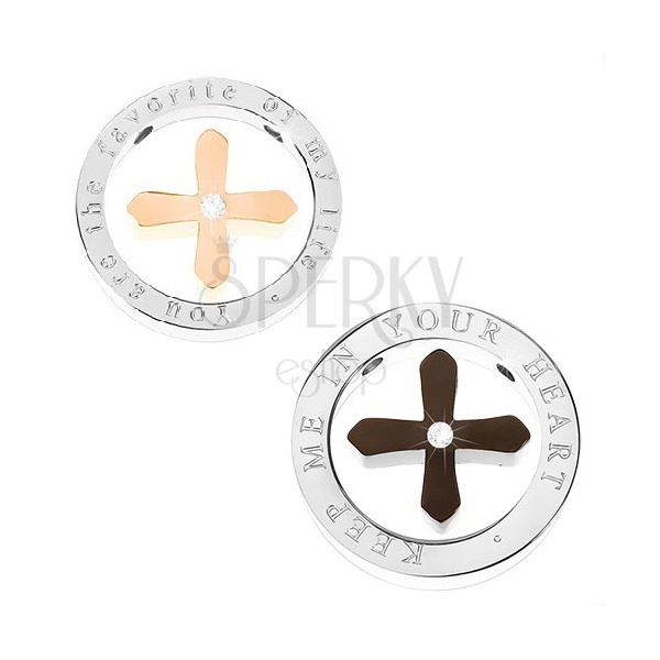 Schwarzer und bronser Kreuz im silbernen Ring mit Beschriftung für einen Liebespaar