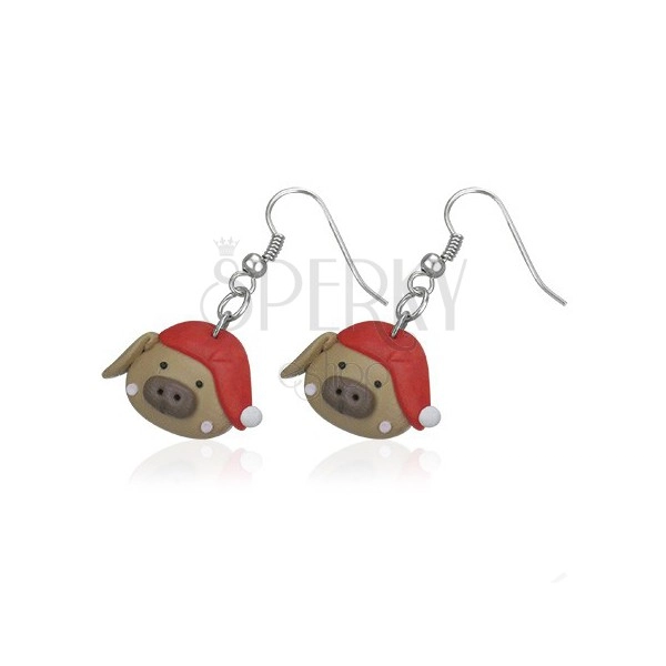 Ohrhänger Fimo - Schweinchen mit roter Kappe