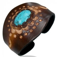 Armband aus braunem Leder, beweglich - ovaler türkis Stein, Ornamente