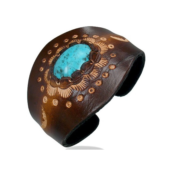 Armband aus braunem Leder, beweglich - ovaler türkis Stein, Ornamente