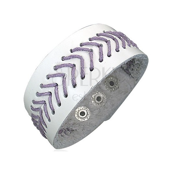 Weißes Kunstlederarmband - violette Naht in Baumoptik
