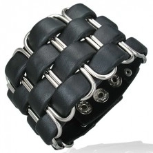 Schwarzes Armband aus Leder - schmale Streifen, Metallelemente