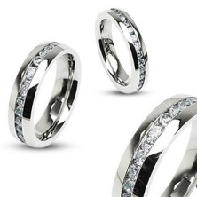 Stahl Ring in silberner Farbe, mittlere Linie aus kleinen Zirkonen