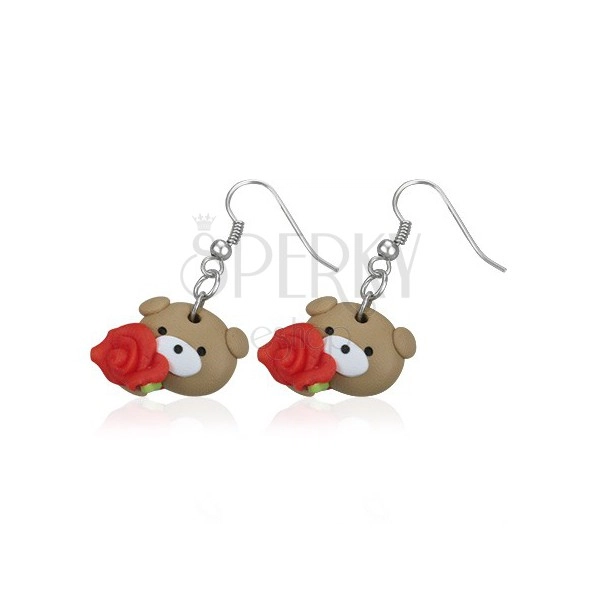 Teddybär Ohrringe mit roter Rose, FIMO