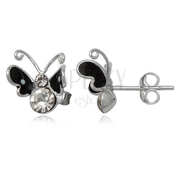 Silber 925 Ohrringe in Form von Schmetterlingen - schwarz mit Steinchen