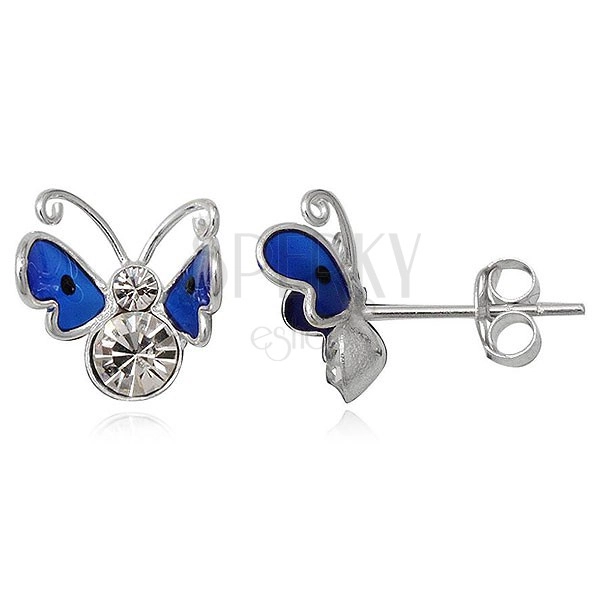 Silber 925 Ohrstecker - fliegender Schmetterling in Blau mit Steinchen