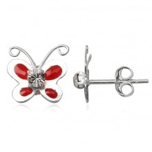 Ohrringe aus Silber 925 - roter Schmetterling mit Glasur, klarer Zirkonia