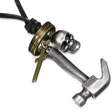 Lederhalskette - Hammer, Schädel, Kreuz und Ringe