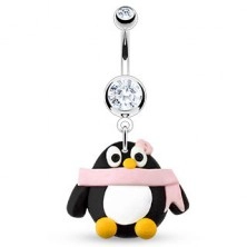 Bauchnabelpiercing - Pinguin mit rosa Schal, Blume und Zirkonen