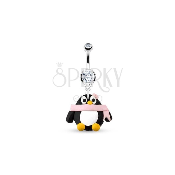 Bauchnabelpiercing - Pinguin mit rosa Schal, Blume und Zirkonen