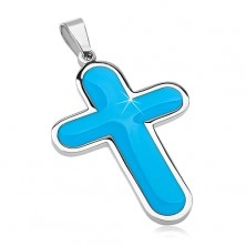 Chirurgenstahlanhänger, großes Kreuz mit blau glasiertet Mitte