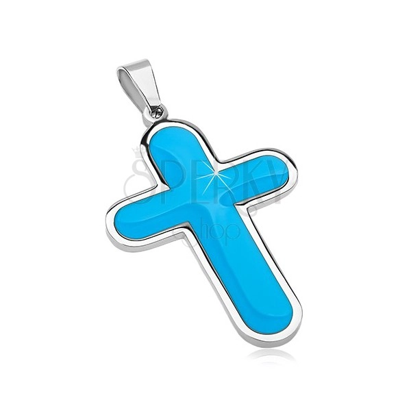 Chirurgenstahlanhänger, großes Kreuz mit blau glasiertet Mitte