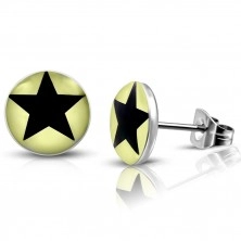 Stahl Ohrringe - hellgelbe Kreise mit einem schwarzen Stern, Ohrstecker