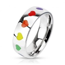 Glänzender Ring aus Edelstahl mit regenbogenfarbigen Herzchen, 6 mm