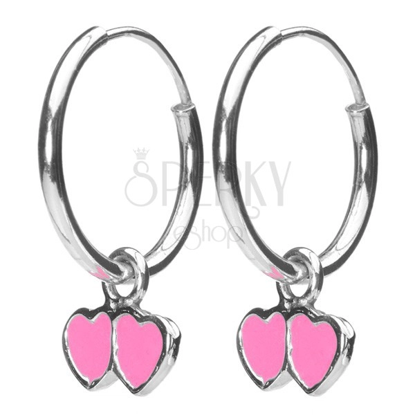 Silberne Ohrringe aus 925 - kleine Ringe mit rosafarbenen Herzchen, 12 mm
