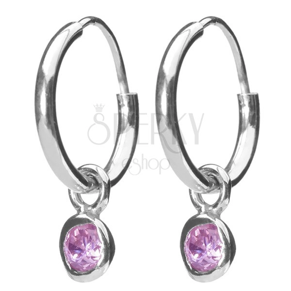 Silberne 925 Ohrringe - kleine Ringe, pink Zirkonanhänger