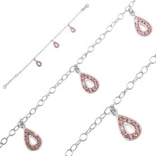 Silberner Kettenarmband - drei Tränenanhänger, rosafarbene Zirkone