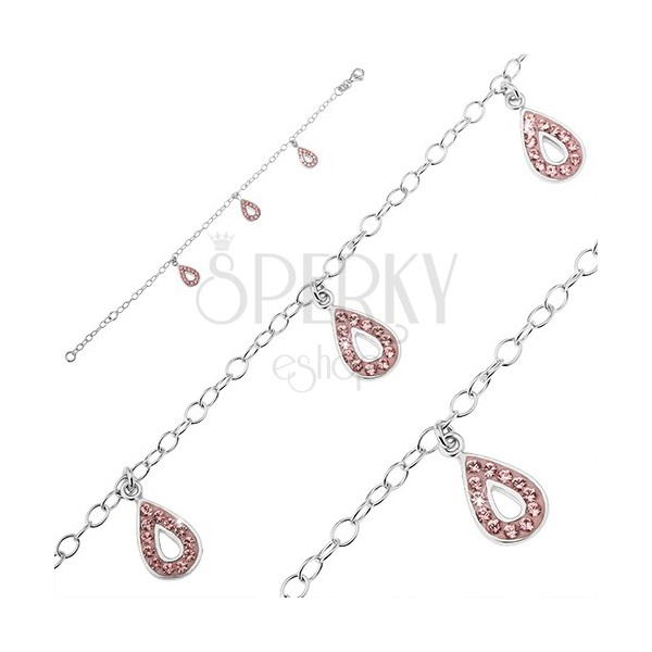 Silberner Kettenarmband - drei Tränenanhänger, rosafarbene Zirkone