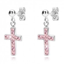 Ohrstecker aus Silber - hängendes rosa Kreuz mit Zirkonia