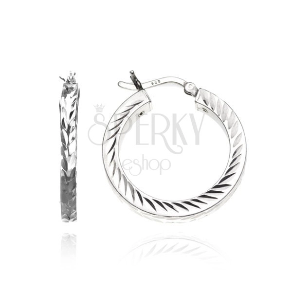 Silberne 925 Ohrringe - kantige Linie mit Blättern, 18 mm