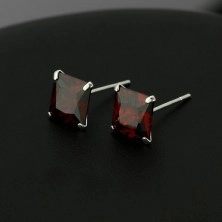 Silber Ohrringe - rote Quadrat Zirkonia, 7 mm, Ohrstecker