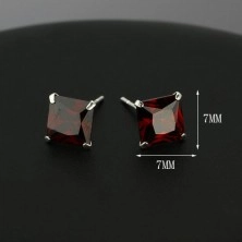 Silber Ohrringe - rote Quadrat Zirkonia, 7 mm, Ohrstecker