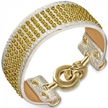 Armband aus Leder - silberfarbig mit goldenen Kügelchen, runder Verschluss