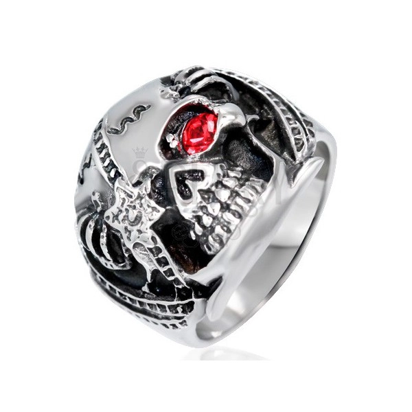 Massiver Ring aus Stahl, Kämpfer-Schädel mit rotem Zirkonia, Patina