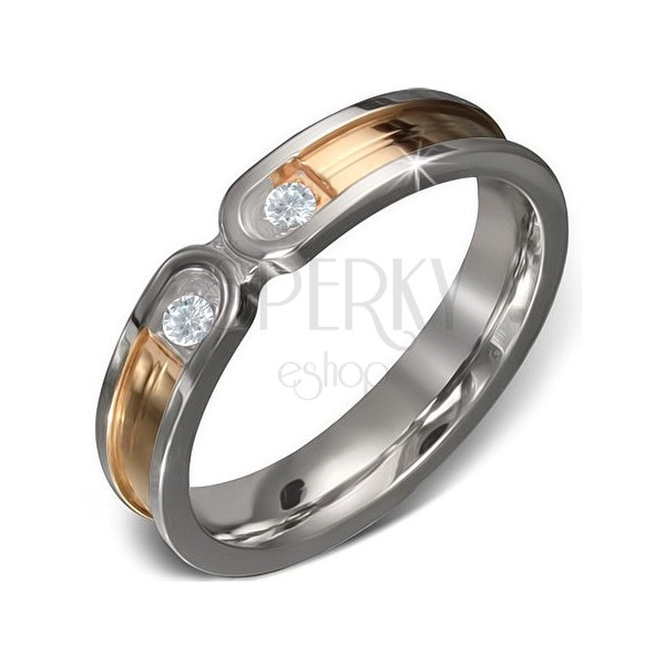 Ring aus Edelstahl - goldener Streifen mit silbernen Kanten, zwei Zirkonia