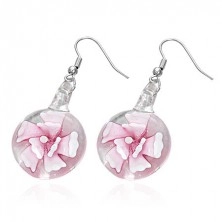 Ohrringe mit rosa Blüte im Glas, Metallbügel