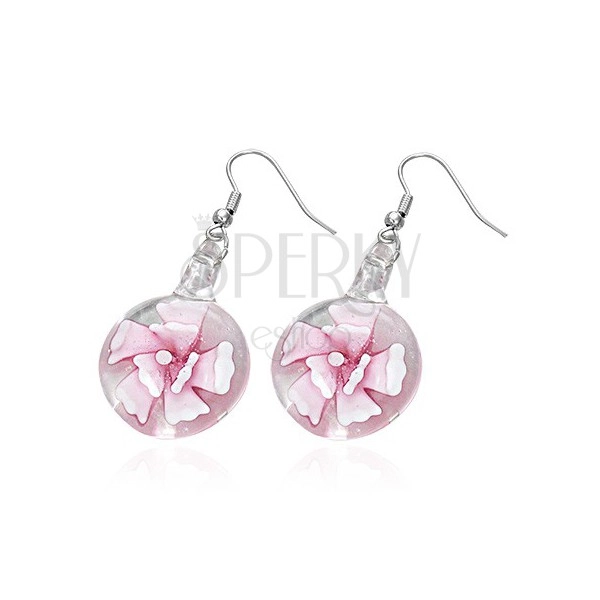 Ohrringe mit rosa Blüte im Glas, Metallbügel