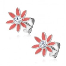 Silberne Ohrringe - hellpinke Blumen mit einem Zirkon