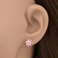 Silberne Ohrringe - hellpinke Blumen mit einem Zirkon