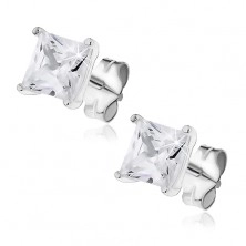 Silberne Ohrringe - glänzender Quadratzirkon mit Doppelgriff