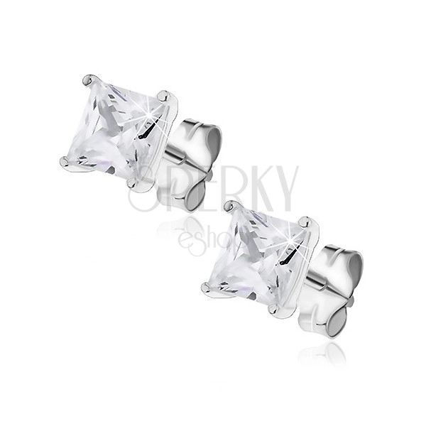 Silberne Ohrringe - glänzender Quadratzirkon mit Doppelgriff