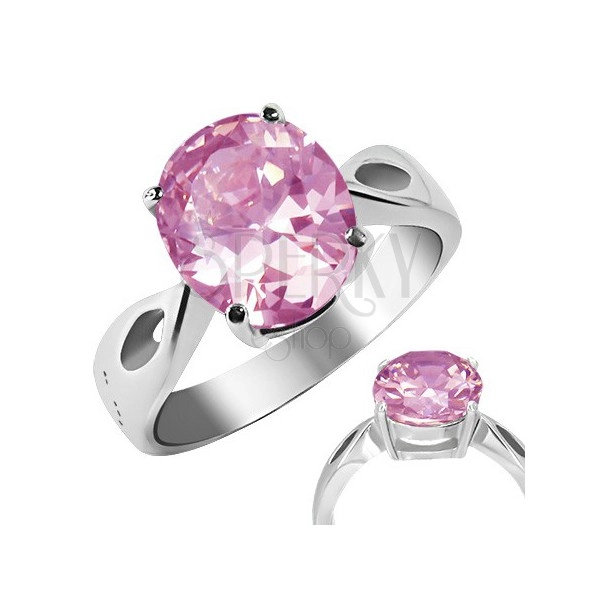 Ring aus Edelstahl - rosa Stein "Oktober", tränenförmige Aussparungen