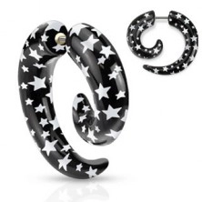 Fake Ohrexpander - schwarze Spirale mit weißen Sternen