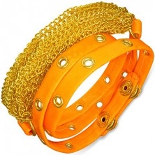 Armband aus Lederimitat - goldene Ketten, neon orange Streifen mit Nieten