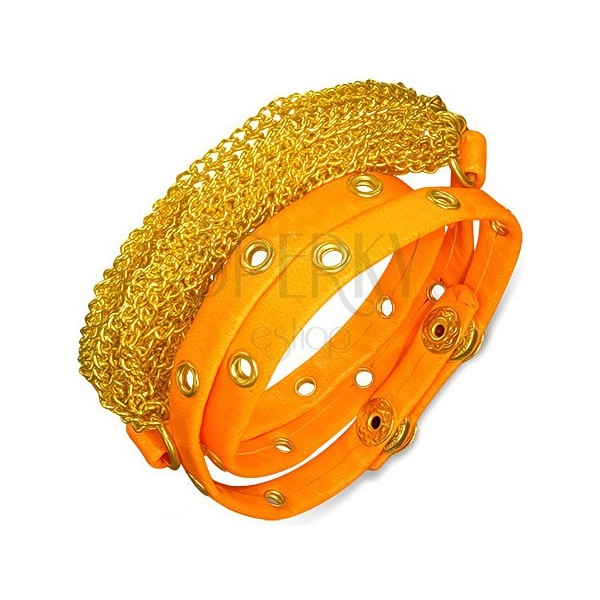 Armband aus Lederimitat - goldene Ketten, neon orange Streifen mit Nieten