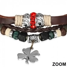 Wickelarmband aus Leder - Flechtbänder, roter Zirkonia Ring, Kleeblatt