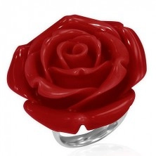 Edelstahlring - rote erblühte Rose aus Kunstharz