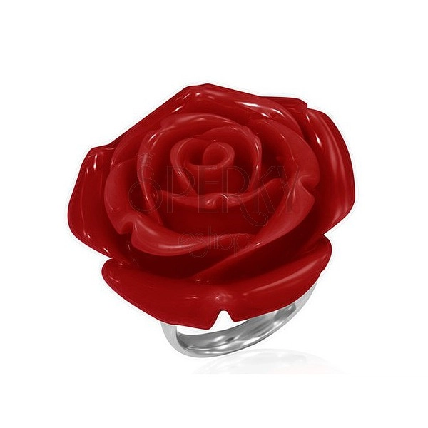 Edelstahlring - rote erblühte Rose aus Kunstharz